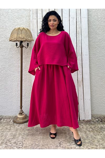 KÜÇÜĞÜM BUTİK Set bluză casual din muselină fucsia și fustă evazată (SET DE 2)