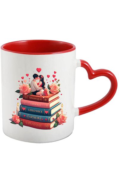 StoryGift Romania Mug with a girl and a boy sitting on a stack of books | illustration | heart, With ,STG.