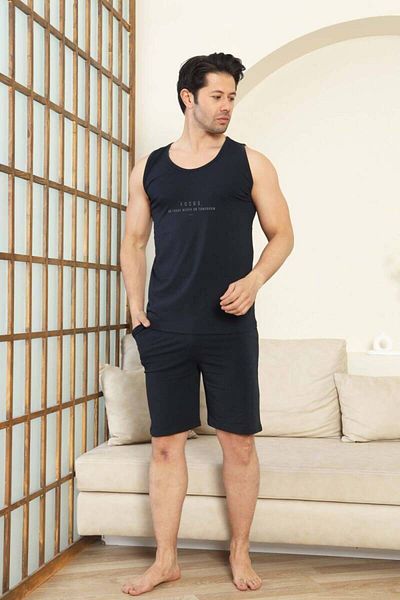 ALİMER Σετ ανδρικό σορτς - Navy Blue Focus Printed Straps Χτενισμένο Βαμβακερό Σετ 1070ŞT