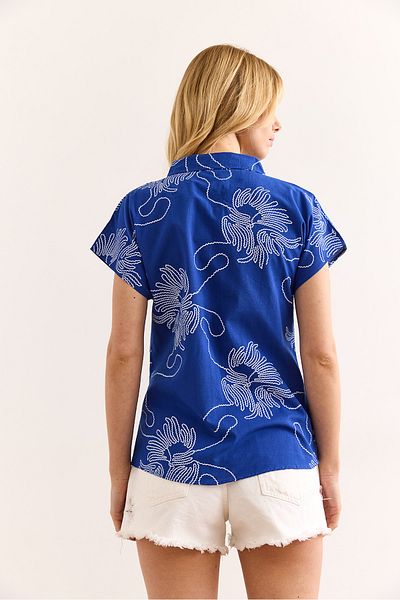Olalook Women's Chain Saks Blue Patterned Linen Bat Shirt Gml-19001129
