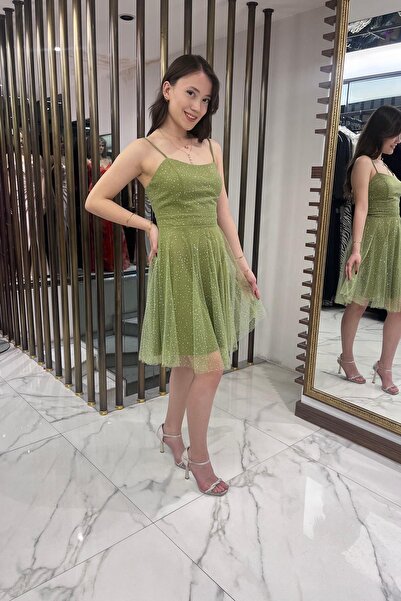 By Saygı Kadın İp Askılı Arkadan Bağcıklı Astarlı Taşlı Kısa Tül Elbise