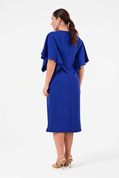 Gemko Kollar Volanlı Çiçek Aksesuarlı Elbise - Sax