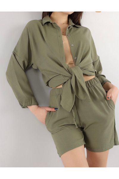 MODA Khaki Green Trill Trill Summer on the Coolness and Elegance of the Days Tansel Fabric Shorts Shirt Suit