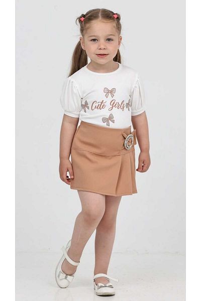 diloxe Girl's Short Sleeve Stoned Belt Detailed Ruffled Skirt Set