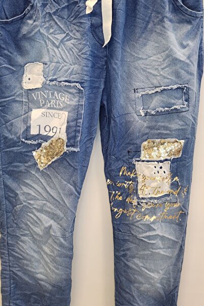 Luisido Kadın İtalyan Yazı Ve Payet Desenli Pantolon