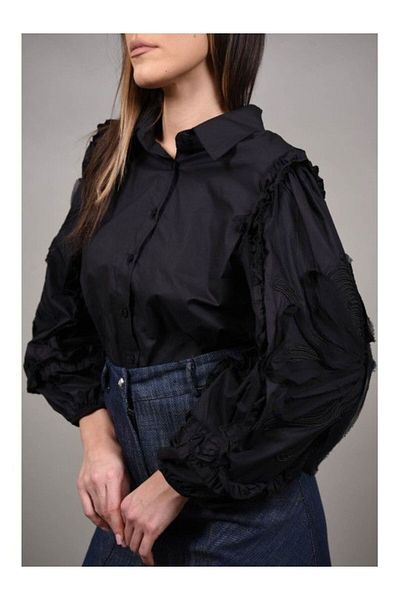 Y TWO WOMEN EXILLES POPLIN SHORT SHIRT WITH BUFF SLEEVE Black S-M