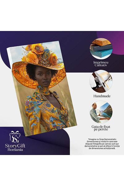 StoryGift Romania Tablou Canvas Fantezia Modei Negresa Avangardistă Îmbrăcată În Flori Brodate Pe Rochie Și Elega