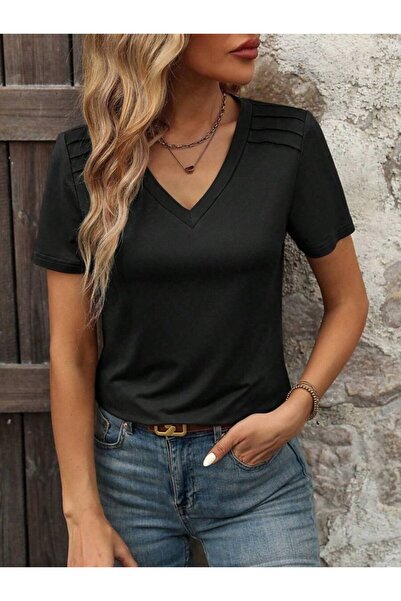 Moda Ebrar Eyesof Women's Sleeve V-Neck Viscose Blouse with Line Detail on the Shoulders