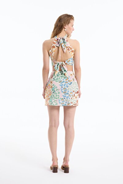 Quzu Patterned Linen Crop Blouse with Back Tie - Multicolored-Multicolored - L