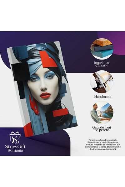 StoryGift Romania Tablou Canvas: Femeie Draguta Cu Acoperamant Pe Cap - Diferite Forme Geometrice Pictura Digita