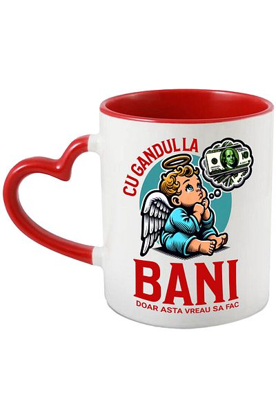 StoryGift Romania Cana Cu Inger Cu Coroana Gandidu-se La Bancnote Bani, Text Cu Gandul La Bani Doa, Cu ,stg