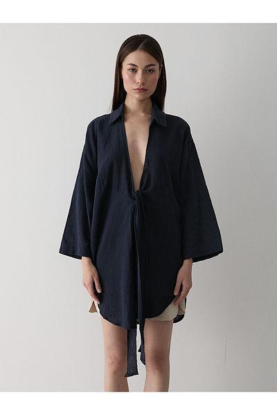 Laluvia Marineblaues Flam-Leinen-Kimono-Hemd