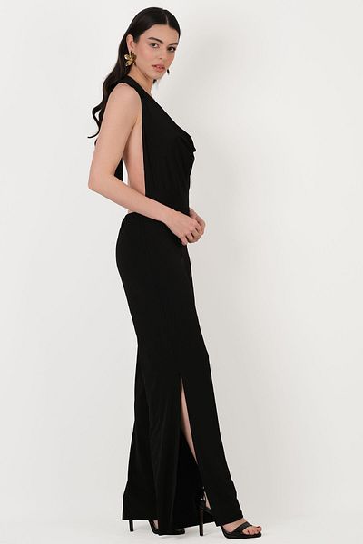 Spazio Falcon Degaje Collar Halter Neck Evening Dress Jumpsuit Black