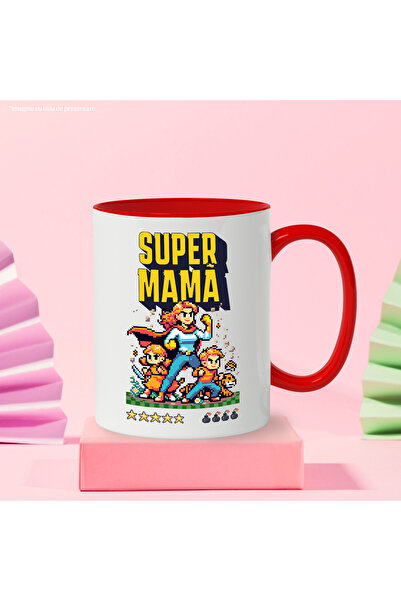 StoryGift Romania Super Mama Mug + pixelart video game family woman, 330ml, Ceramic with Red Handle, With,STG.