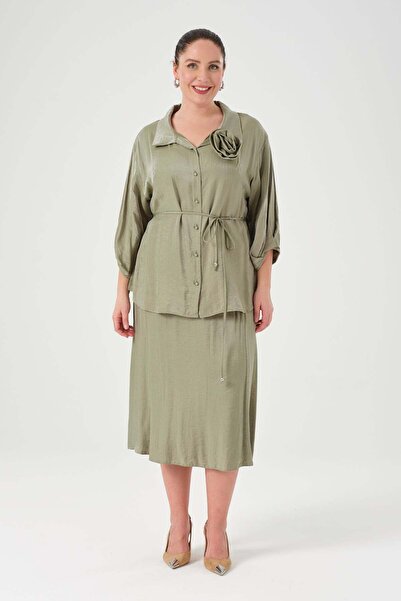 Gemko Rose Detailed Shirt Skirt Set - Khaki