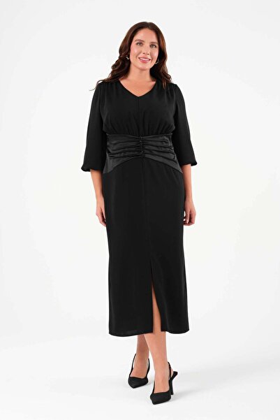 Gemko Belde Saten Garnili Kadife Elbise - Siyah