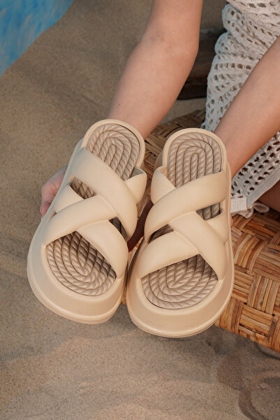 Beyond Women's Beige Cross Banded High Sole Eva Slippers 6.5cm Byndpcb01