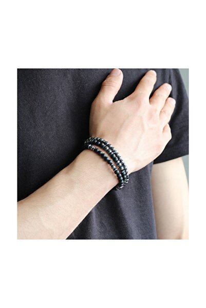 Tesbihane Küre Kesim Siyah Oniks-Hematit Kombinli Doğaltaş Bileklik 104000547