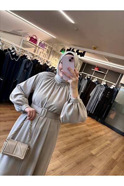 OlaLady Women's Neck and Arms Gathered Belted Pearl Buttoned Hijab Cap Top Coat