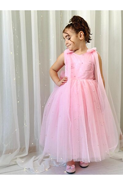 Hly Karol Tasarım Pembe İncili Uzun Elbise Vintage Kız Bebek Elbise,Doğum günü elbise,fotoğraf çekim elbise,1-11 Yaş U