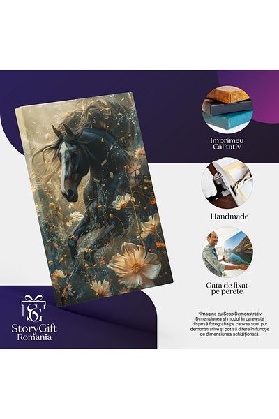 StoryGift Romania Tablou Canvas: Armăsarul Înălțându-se Dintr-un Câmp Fermecat Cu Flori- Putere Și Viteză Pictur