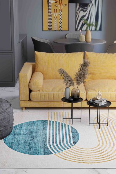 Oriente Home Figure Patterned Washable Non-Slip Base Chenille Cream Navy Blue Tile Kitchen Carpet 8333