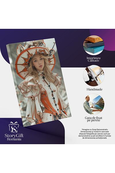 StoryGift Romania Tablou Canvas Domnița Blondă În Altfel De Ținută Rochie Ambla Albă Cu Imprimeuri , Pictura Digi