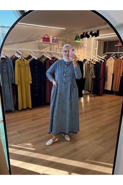 OlaLady Rochie de blugi din denim musulman cu buzunare pentru femei