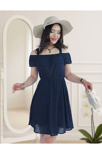Kübra Tekstil Women's Navy Blue Polka Dot Off-Shoulder Lined Dress - Casual and Special Occasion Dress for Women