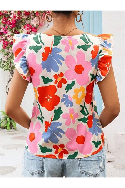 modaserdem Women Short Ruffle Sleeve Square Neck Floral Patterned Imported Linen Blouse