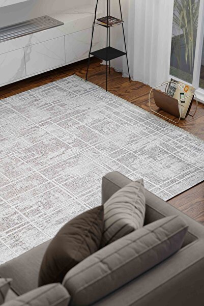 Oriente Home Çizgi Desenli Yıkanabilir Kaymaz Taban Şönil Gri Beyaz Mutfak Halısı 8369
