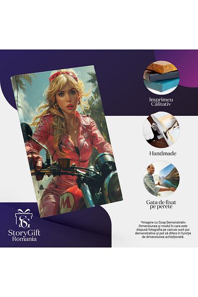 StoryGift Romania Tablou Canvas Blonda Cu Motocicleta Aventura Siluetei În Salopetă Roz Pe Două Roți , Pictura Di