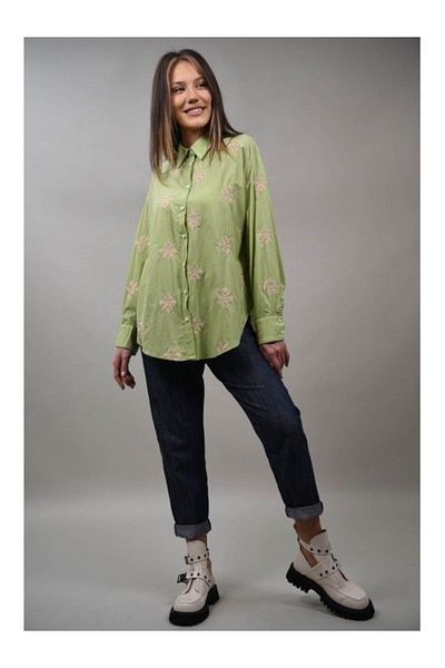 Y TWO WOMEN COTTON SHIRT WITH EMBROIDERED TORINESE APPLICATIONS ONE SIZE Green