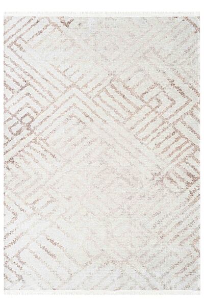 Oriente Home Soyut Geometrik Desenli Yıkanabilir Kaymaz Taban Şönil Krem Kahverengi Salon Halısı 8368