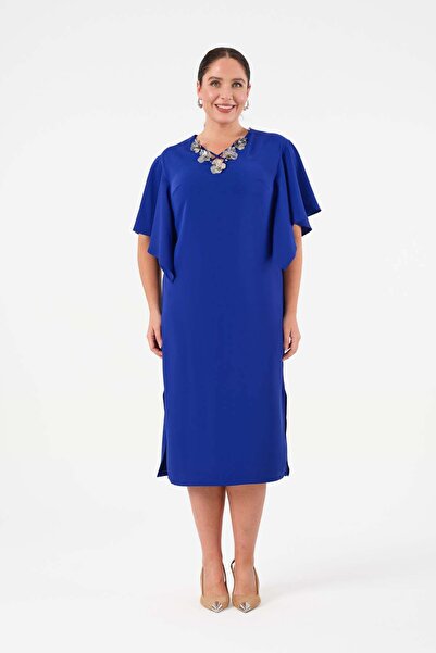 Gemko Kollar Volanlı Çiçek Aksesuarlı Elbise - Sax