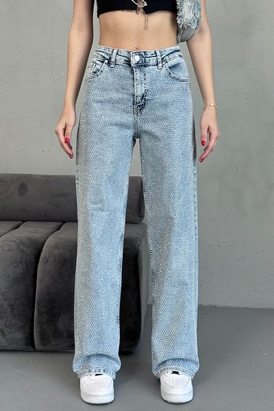 alanora Pantaloni de damă, albaștri, cu talie înaltă, mini diamante, lycra, cu picioare largi