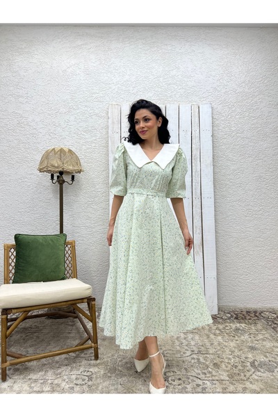 KÜÇÜĞÜM BUTİK Beyaz Yakalı Su Yeşili Papatya Kloş Poplin Elbise