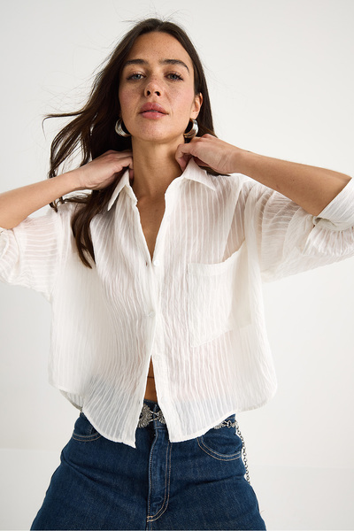 Bianco Lucci Women's Self Striped Half Sleeve Single Pocket Detailed Shirt 2108 60283328