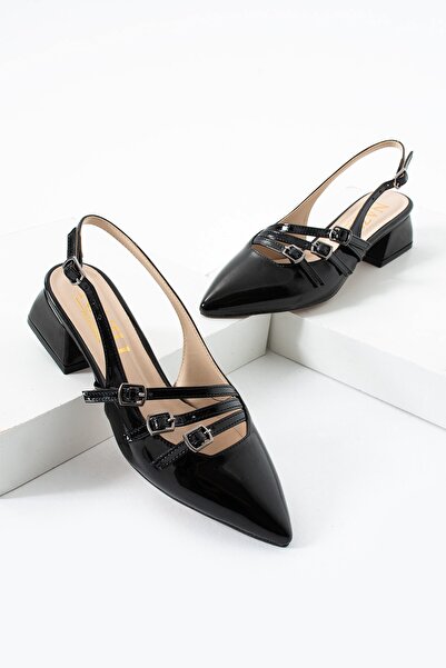 AlbiShoes Kare Topuk 4 Cm Rugan Toka Detaylı Arkası Açık Sivri Burun İş Ofis Günlük Kadın Ayakkabı