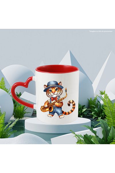 StoryGift Romania Mug with a cheerful tiger cub holding a saxophone | illustration | concert | anim, With ,STG.