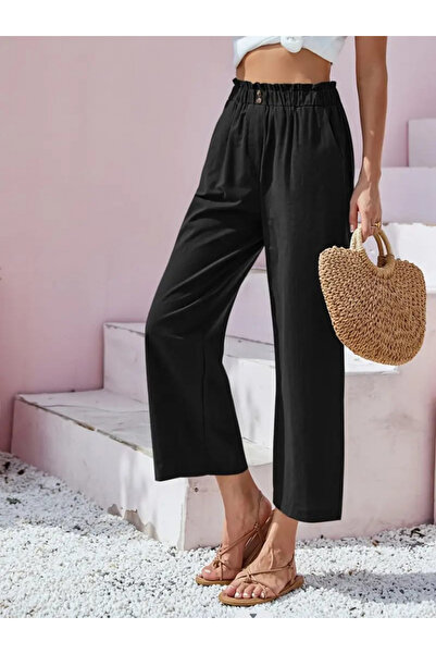 JANES Women's Waist Drawstring and Button Detail Capri Linen Trousers