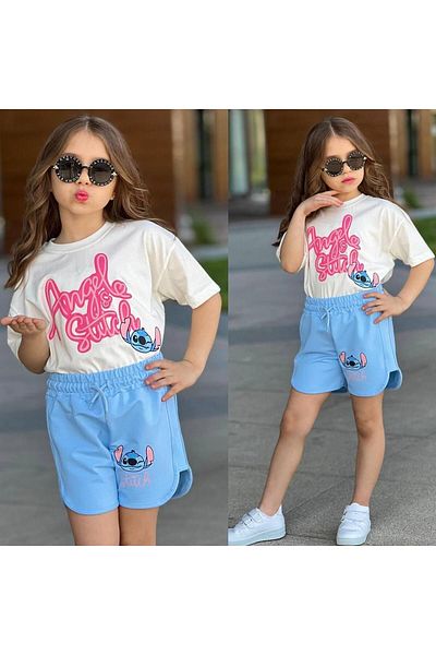 RAPAPA Set tricou și pantaloni scurți cu imprimeu Angel & Stitch pentru fete - Combinație de vară din 2 piese 7209