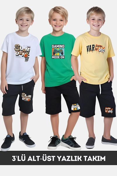 FYK KİDS Boy's Summer Slam Dunk-Gaming-Varcity Printed Bottom-Top Suit