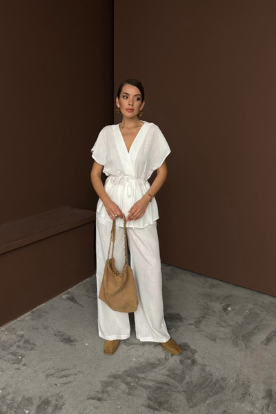 JANES Linen V-Neck Tie Belt Bluz-Pants Suit - White