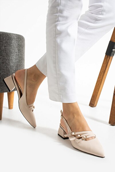 AlbiShoes Kadın Kare Topuk 4 Cm Toka Detaylı Arkası Açık Sivri Burun İş Ofis Günlük Kadın Ayakkabı