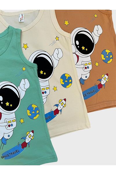 tusem butik homewear Boy's Cotton Astronaut Patterned Green Cream Brown 3-Piece Undershirt