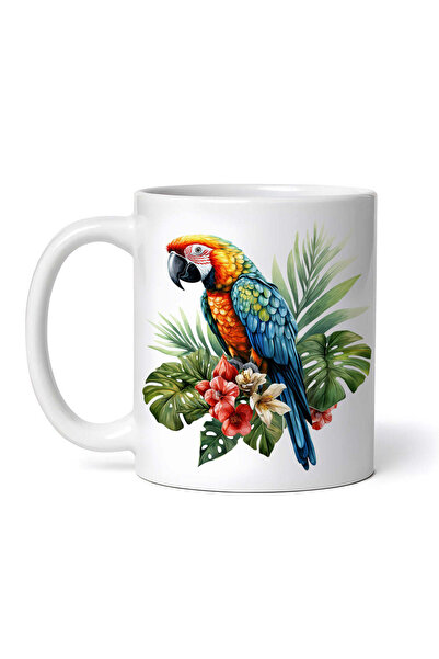OEM Εξατομικευμένη λευκή κούπα, Πολύχρωμος παπαγάλος ανάμεσα σε λουλούδια, IN...