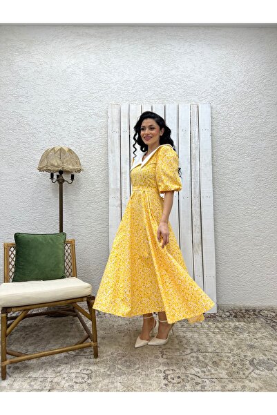 KÜÇÜĞÜM BUTİK Φόρεμα με λευκό γιακά κίτρινο μαργαρίτα με φουσκωτό ποπλίνα