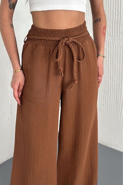 FEMELLE Pantaloni de damă, maro, cu talie de paie, cu buzunare, cu picioare largi, casual, 100% bumbac
