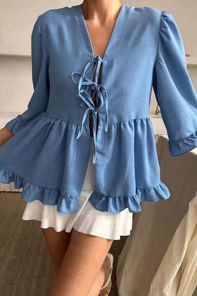modaserdem Linen Bluz Front Tie Ruffle Detail - Blue